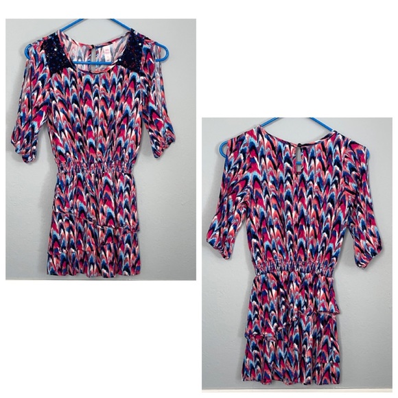 JUSTICE Girls Cold Shoulder Multi Colored Layered Ruffled Dress size 10 - Picture 2 of 16